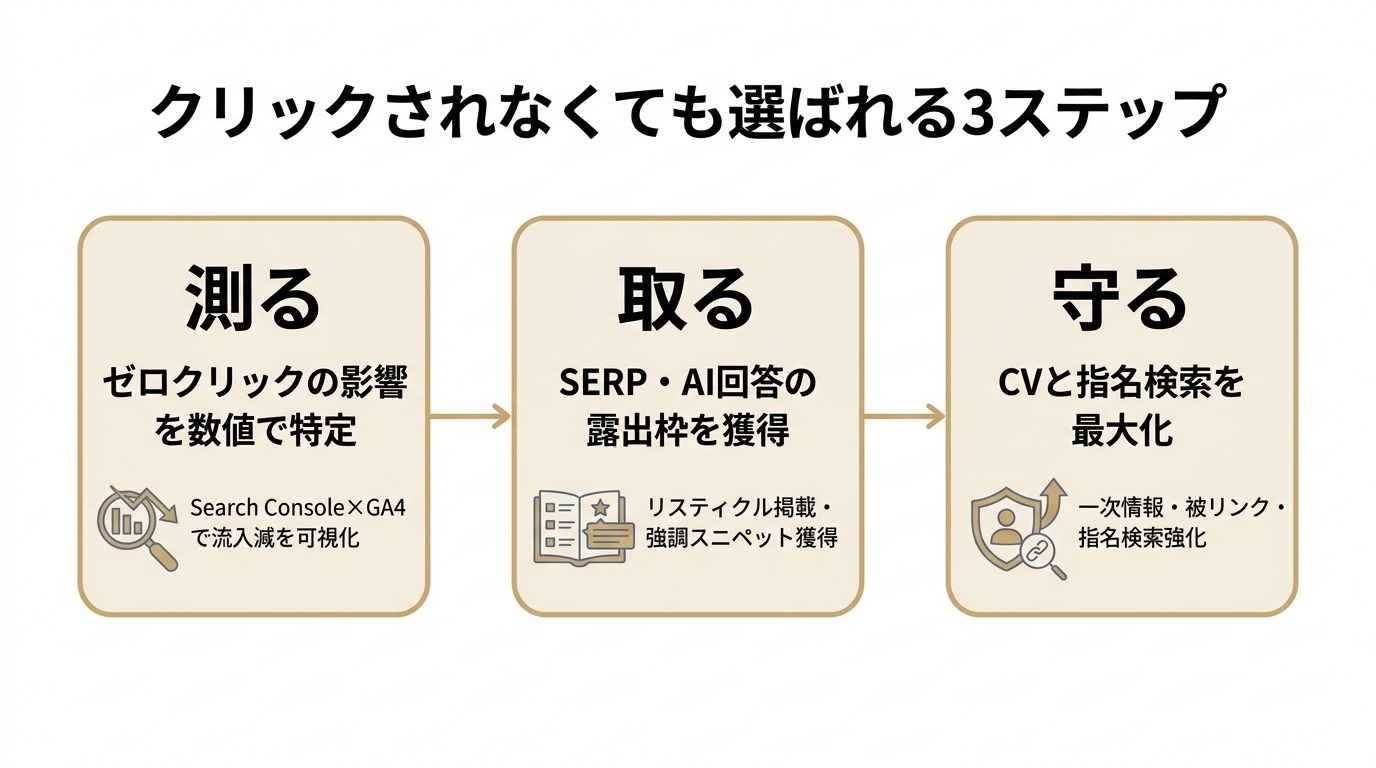 ゼロクリック検索対策の3ステップを横並びで示す図。測る（影響特定）→取る（露出獲得）→守る（CV・指名検索最大化）の流れを表す。