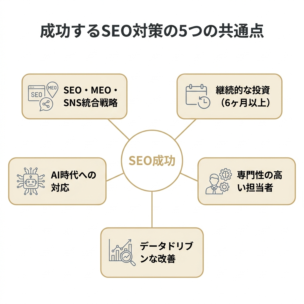 SEO対策を成功させる5つの共通点を中心から放射状に示した図