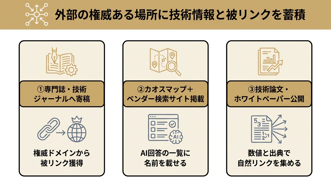 製造業のAI検索対策で成果に直結する3つの実行施策を3本柱で示した図。専門誌寄稿、カオスマップとベンダー検索サイト掲載、技術論文公開。