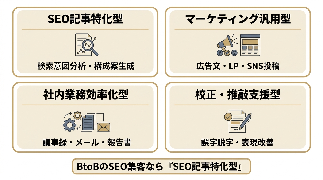 AIライティングツールを用途で4タイプに分類した2×2マトリクス図。SEO記事特化型、マーケティング汎用型、社内業務効率化型、校正・推敲支援型。
