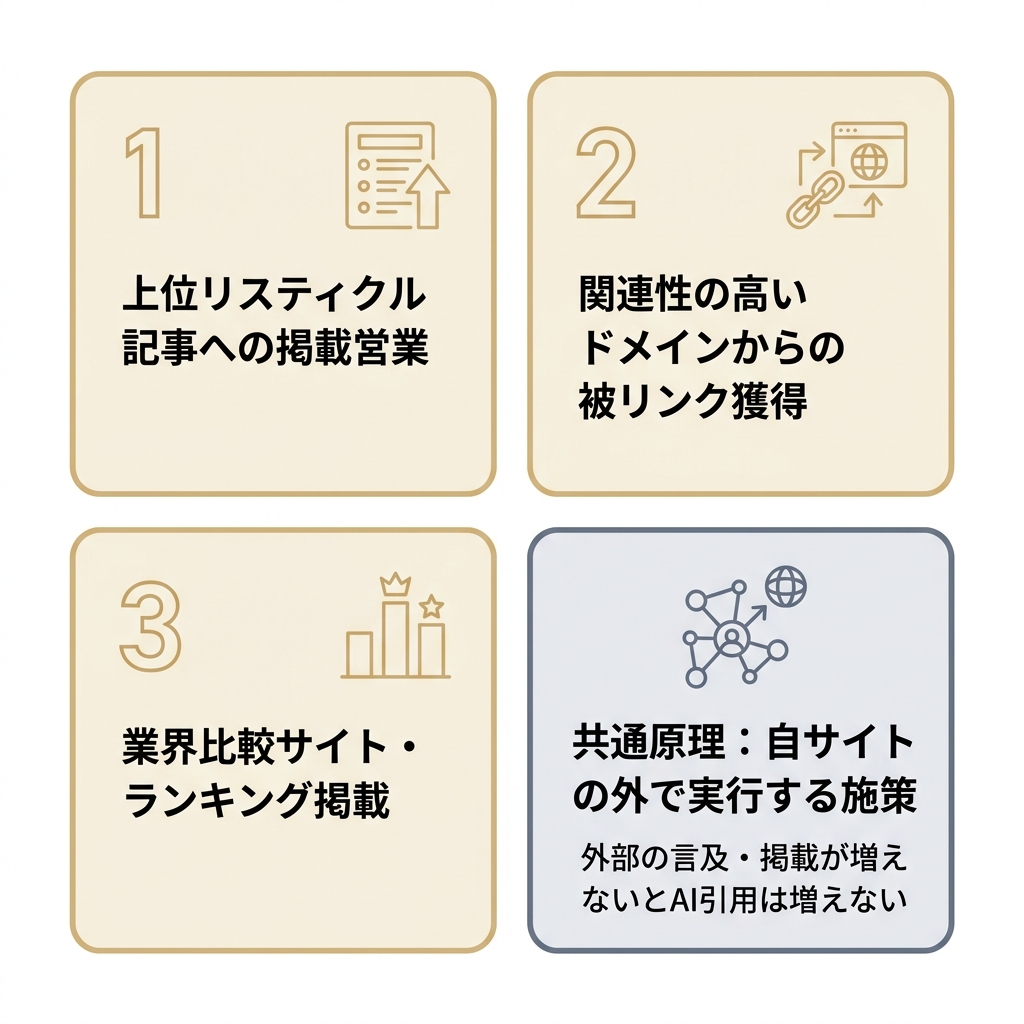AIO対策で最も効果が大きい3つの実行打ち手と、外部施策という共通原理を示した図