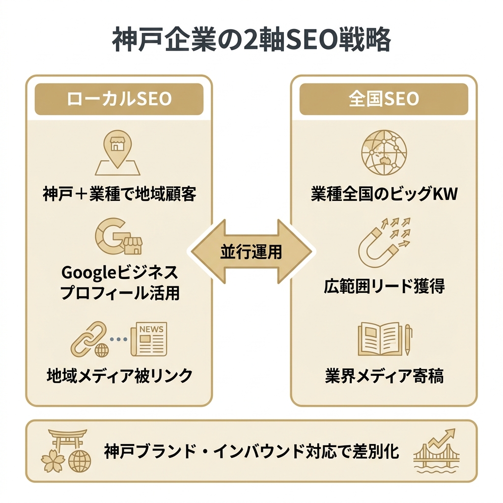 神戸企業がローカルSEOと全国SEOを並行運用する2軸戦略の図