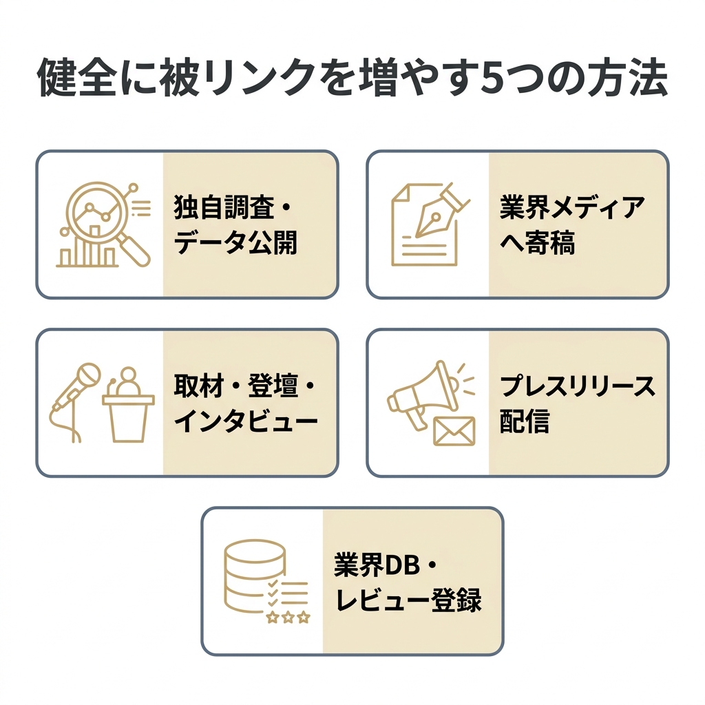 独自調査や寄稿など健全に意味のある被リンクを獲得する5つの方法を示した図