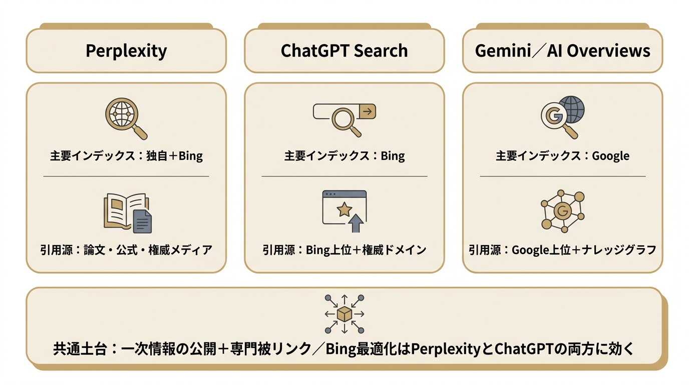 Perplexity・ChatGPT Search・Gemini／AI Overviewsそれぞれの主要インデックスと引用源の違いと、共通土台となる統合戦略を示した比較図