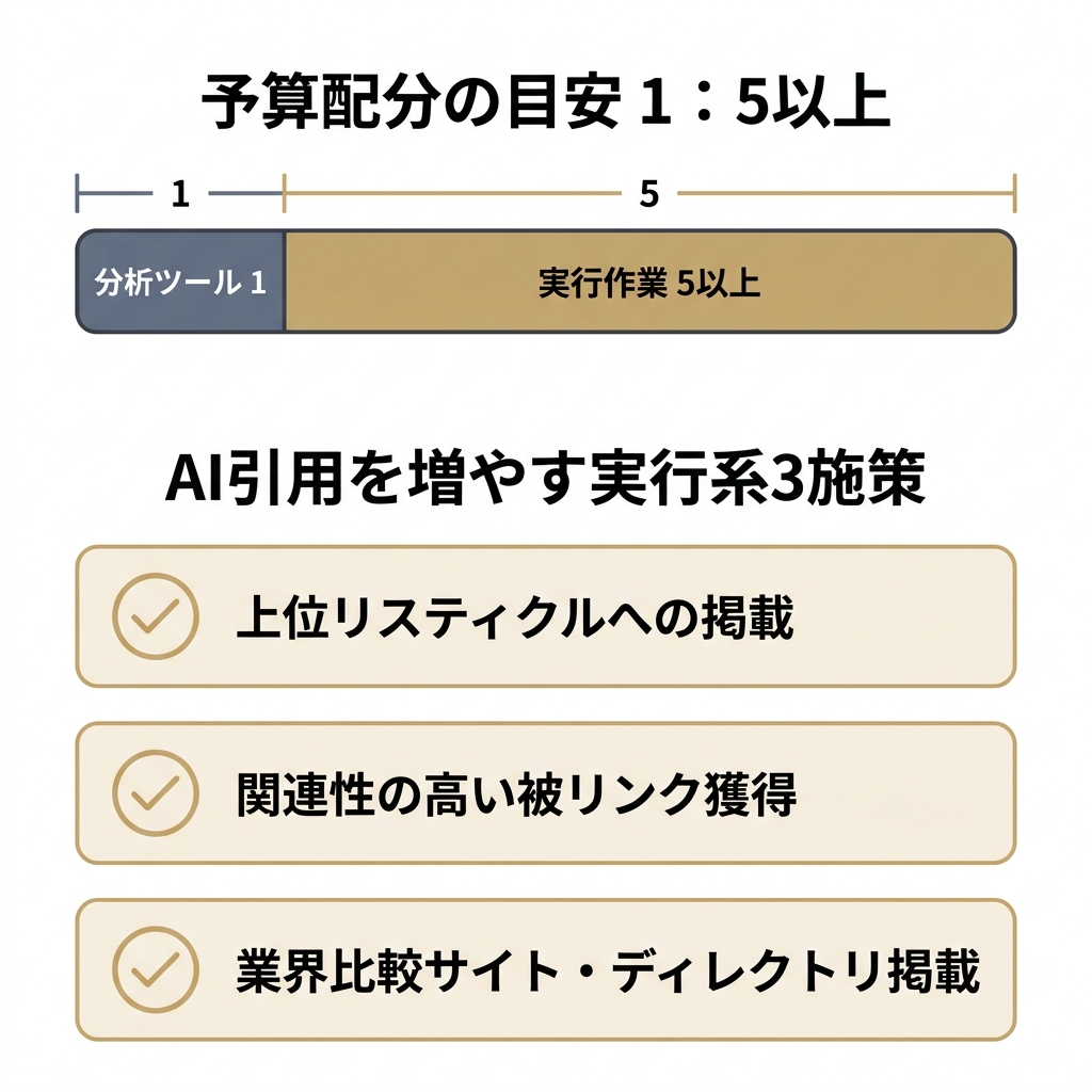分析と実行の予算配分1対5とAI引用を増やす実行系3施策を示す図