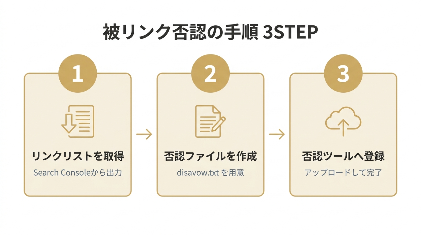 被リンク否認の手順3STEP（リンクリスト取得・否認ファイル作成・否認ツール登録）