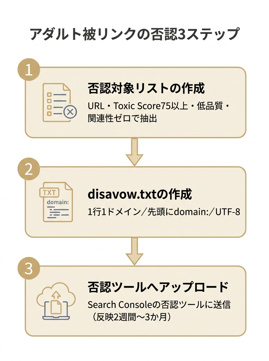 アダルトサイト被リンクの否認手順を否認リスト作成・disavow.txt作成・否認ツールへのアップロードの3ステップで示す図