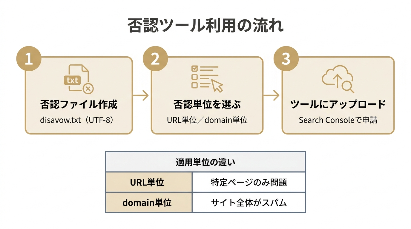 リンク否認ツールの使い方を3ステップで示した図。否認ファイル作成、否認単位の選択、Search Consoleへのアップロードの流れと、URL単位とドメイン単位の使い分け。