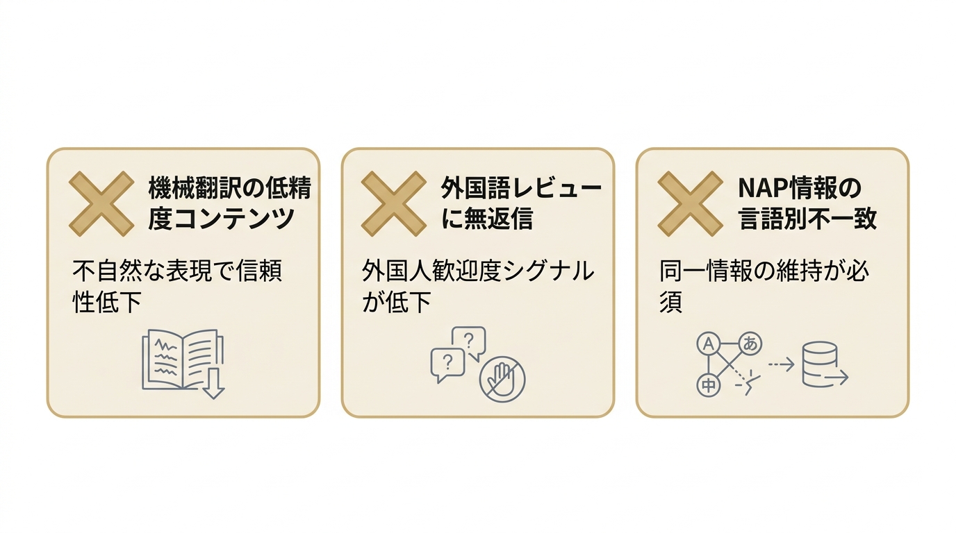インバウンドローカルSEOでやってはいけない3つのこと（低精度翻訳・レビュー無返信・NAP不一致）を示す注意喚起カード図