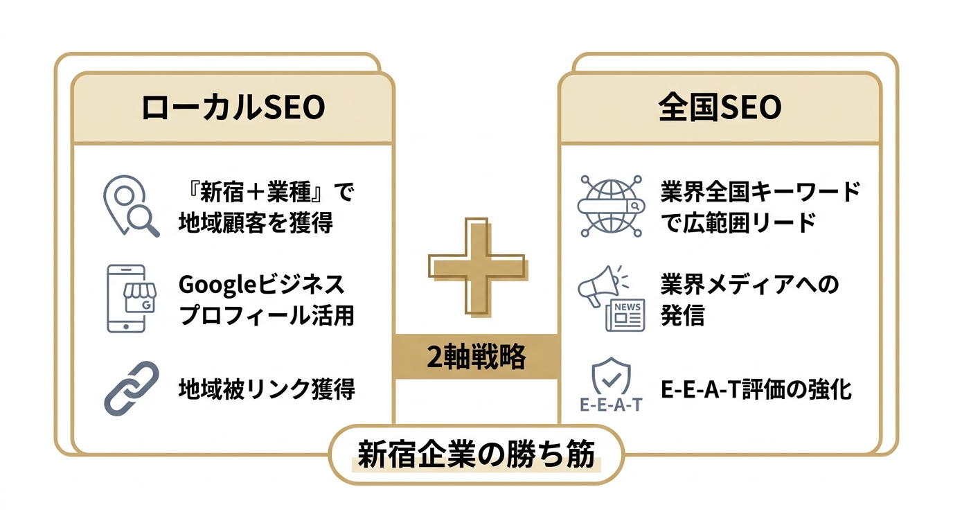 新宿企業がローカルSEOと全国SEOを並行運用する2軸戦略を左右のカードで示し、地域顧客獲得と全国リード獲得を両立する図