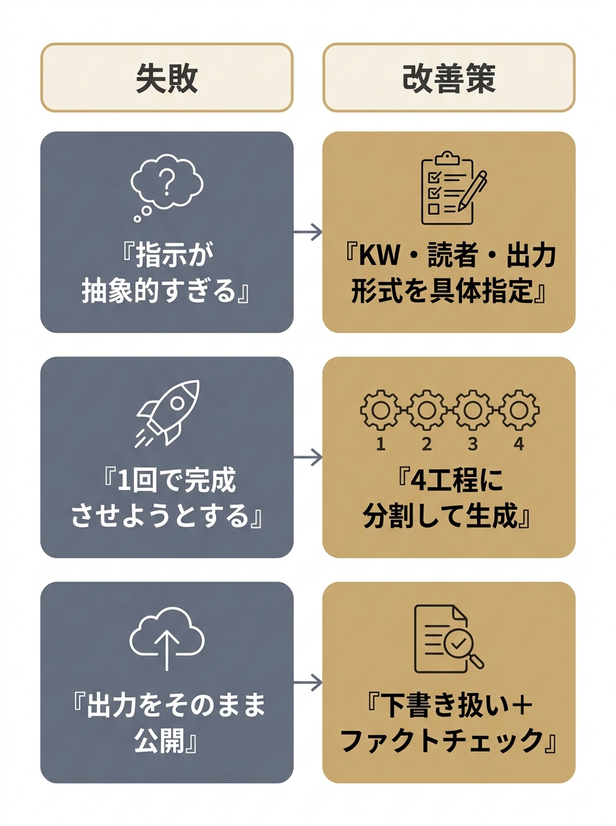 AI記事制作プロンプトでよくある3つの失敗と改善策を対比した図解