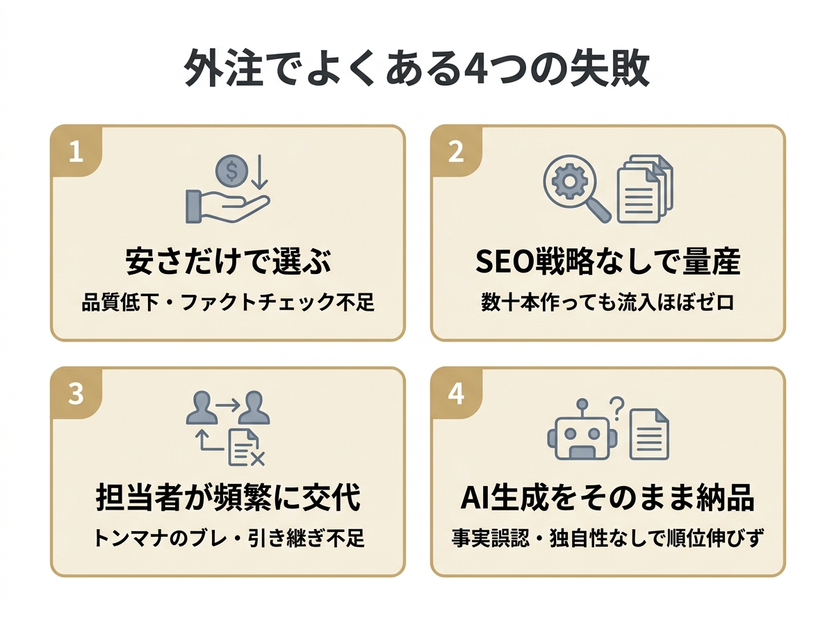 記事制作の外注でよくある4つの失敗事例(安さ優先・SEO戦略なしの量産・担当者交代・AI生成そのまま納品)とその結果を示した図