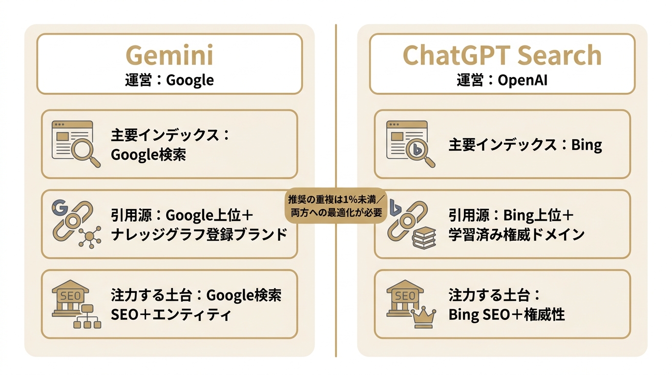GeminiとChatGPT Searchの引用源・主要インデックス・注力すべき土台の違いを並べた比較図