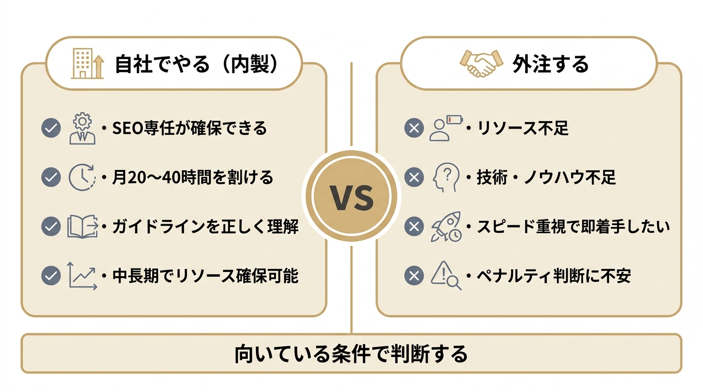 ドメインパワー対策を自社で内製する場合と外注する場合の判断基準を比較した図
