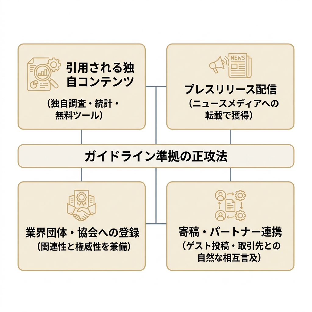 被リンクを増やす正攻法を4つ示した図。独自コンテンツ、プレスリリース、業界団体登録、寄稿・パートナー連携。