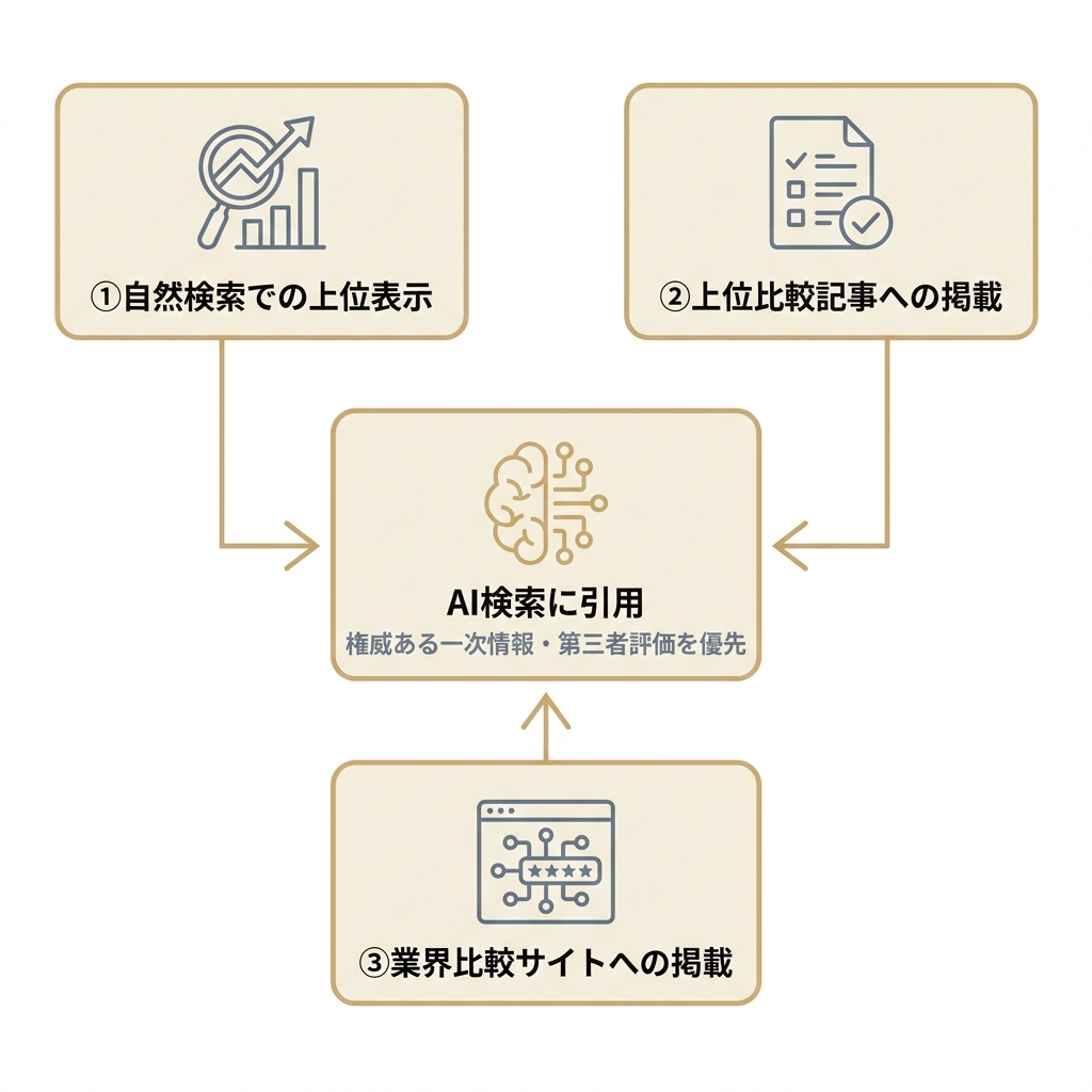 AI検索に引用されるための3軸を示した図。自然検索上位、上位比較記事掲載、業界比較サイト掲載の3つがAI引用につながる。