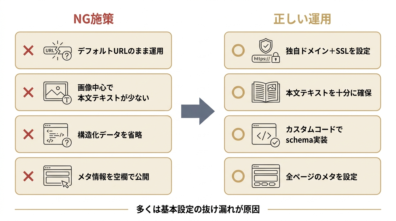 STUDIOのSEO対策でやってはいけないNG施策と、その正しい運用を左右で対比した図。デフォルトURL・薄い本文・schema省略・空メタを改善策と並べる。