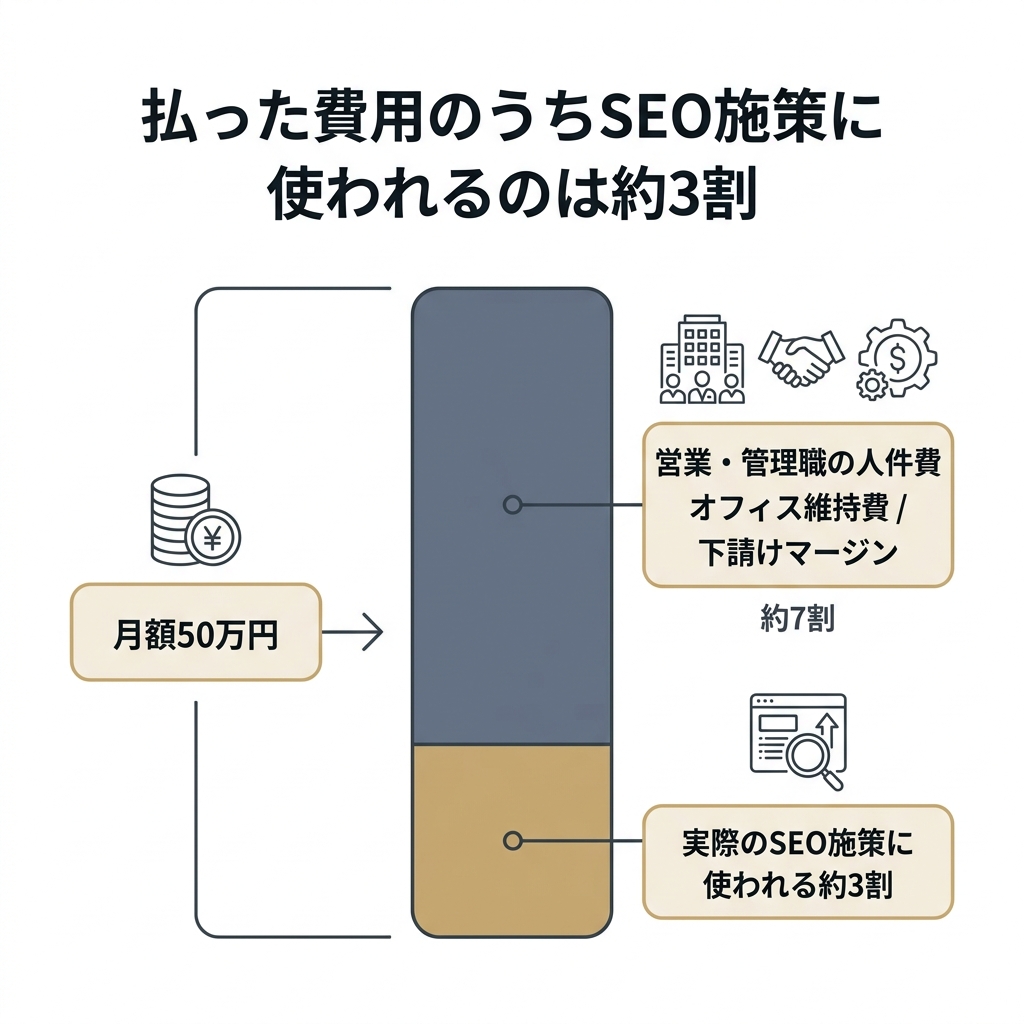 大手SEO会社の月額50万円のうち、実際のSEO施策に使われるのは約3割で、残りは営業・管理・オフィス・下請けコストに消える構造を示す図。