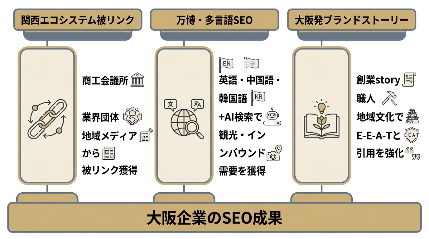 大阪企業がSEOで成果を出すための3つの独自戦略を柱で示した図