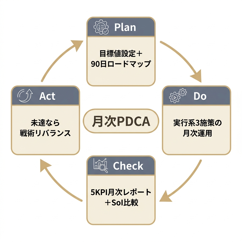 LLMO KPIを月次で回すPDCAサイクルの4ステップ（Plan・Do・Check・Act）を円環で示した図。