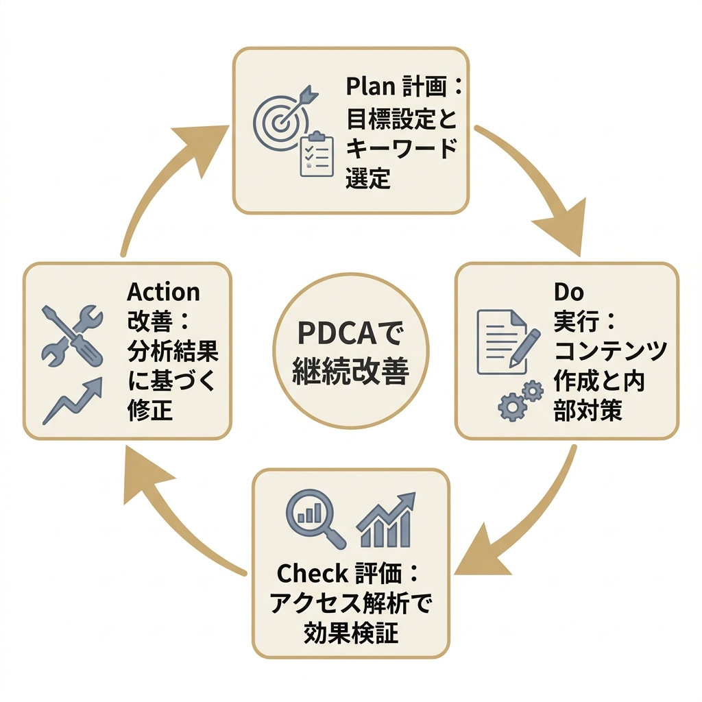 SEO対策を継続改善するPDCAサイクルを示した循環図