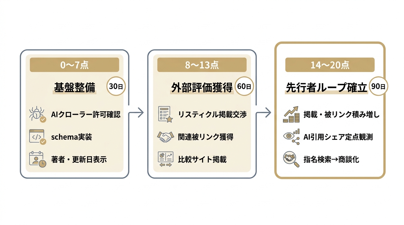 LLMO診断後のスコア帯別90日ロードマップを基盤整備・外部評価獲得・先行者ループの3段階で示した流れ図