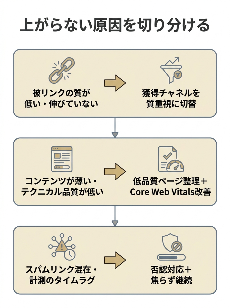 ドメインパワーが上がらない原因と対処法を切り分ける縦型フロー図